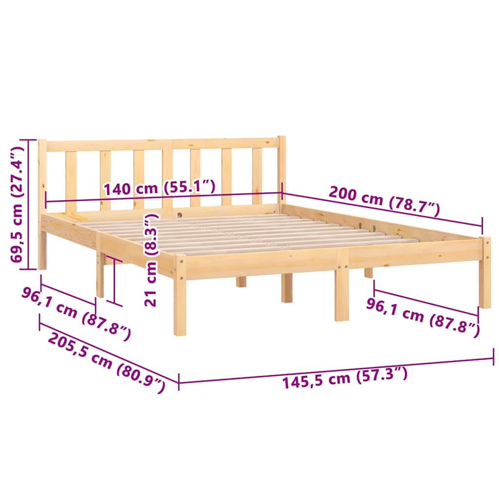 vidaXL Bed Frame without Mattress Solid Wood 140x200 cm - Brown - 205.5 x 145.5 x 69.5 cm - 64883