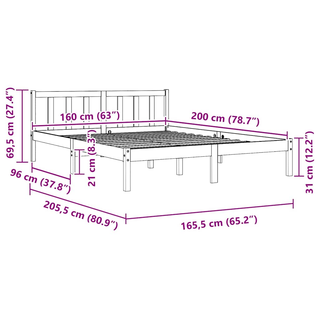 vidaXL Bed Frame without Mattress Solid Wood 160x200 cm - Brown - 205.5 x 165.5 x 69.5 cm - 64884