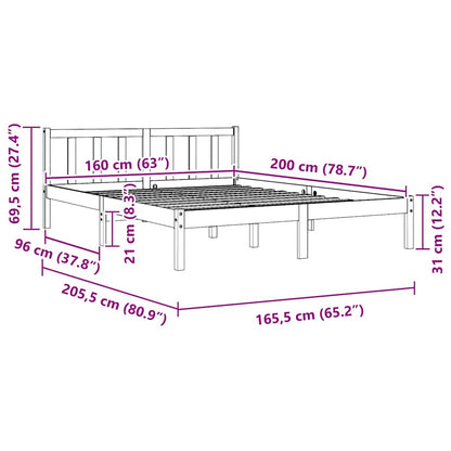 vidaXL Bed Frame without Mattress Solid Wood 160x200 cm - Brown - 205.5 x 165.5 x 69.5 cm - 64884