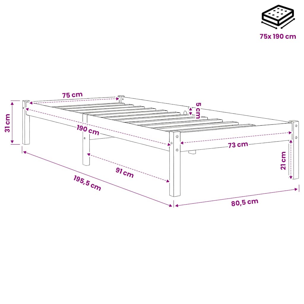 vidaXL Bed Frame without Mattress Solid Wood Small Single - Brown - 195.5 x 80.5 x 31 cm - 64834