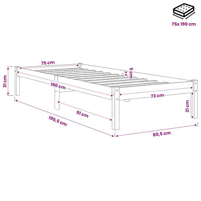 vidaXL Bed Frame without Mattress Solid Wood Small Single - Brown - 195.5 x 80.5 x 31 cm - 64834