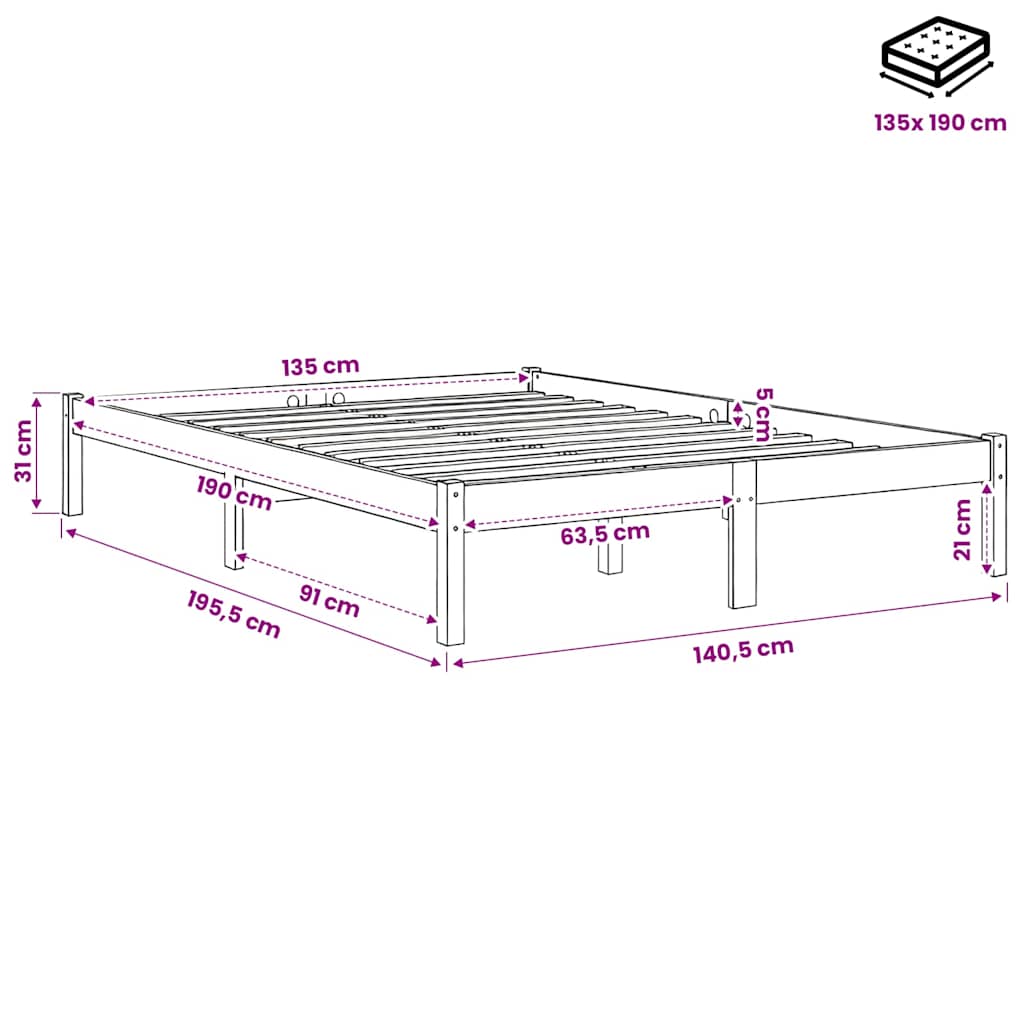 vidaXL Bed Frame without Mattress Solid Wood Double - Brown - 195.5 x 140.5 x 31 cm - 64838
