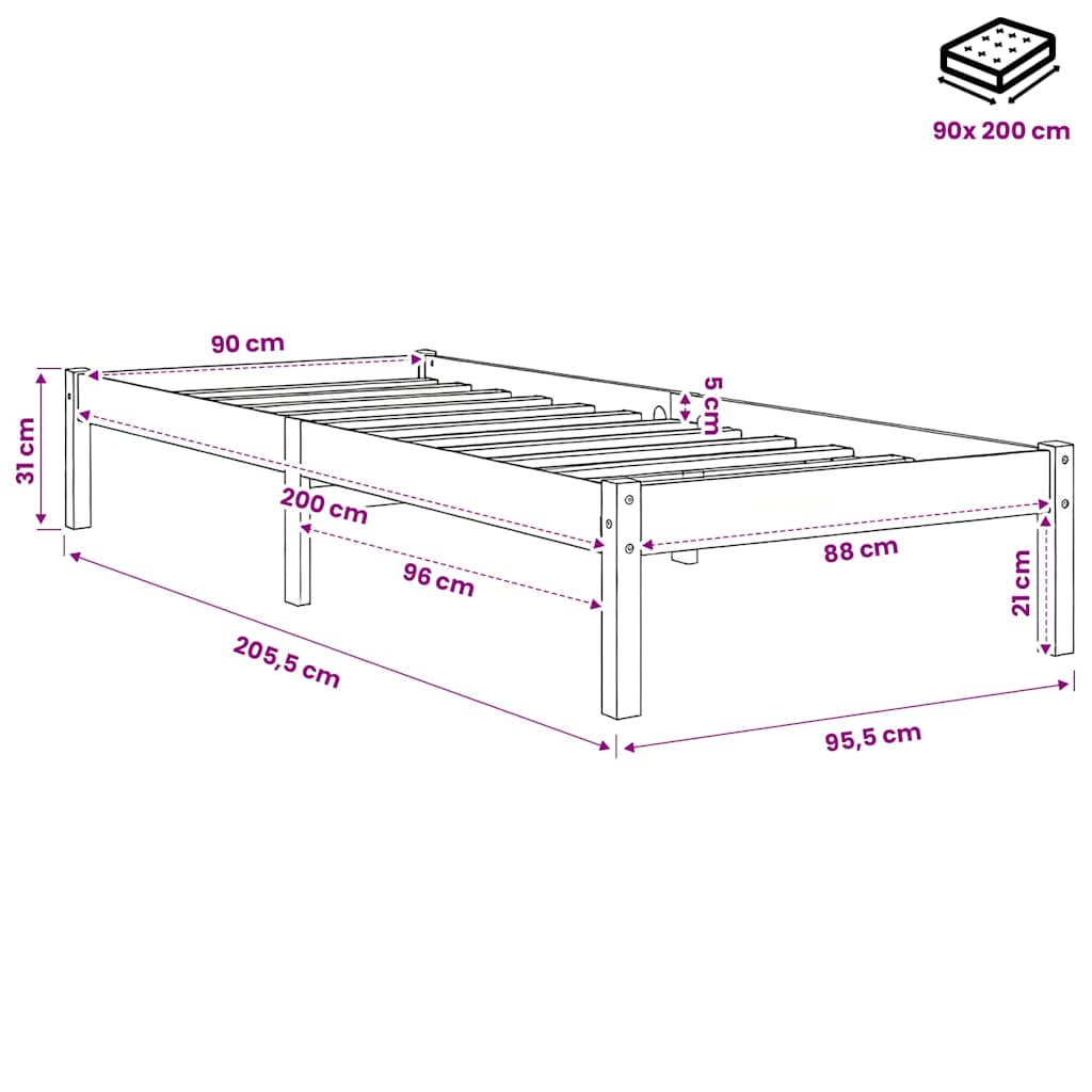 vidaXL Bed Frame without Mattress Solid Wood 90x200 cm - Brown - 205.5 x 95.5 x 31 cm - 64839