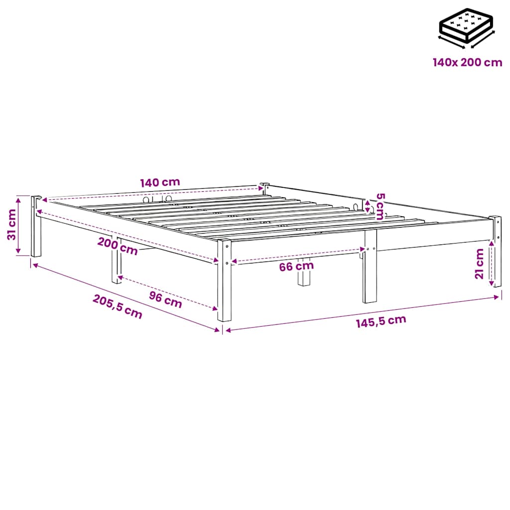 vidaXL Bed Frame without Mattress Solid Wood 140x200 cm - Brown - 205.5 x 145.5 x 31 cm - 64859