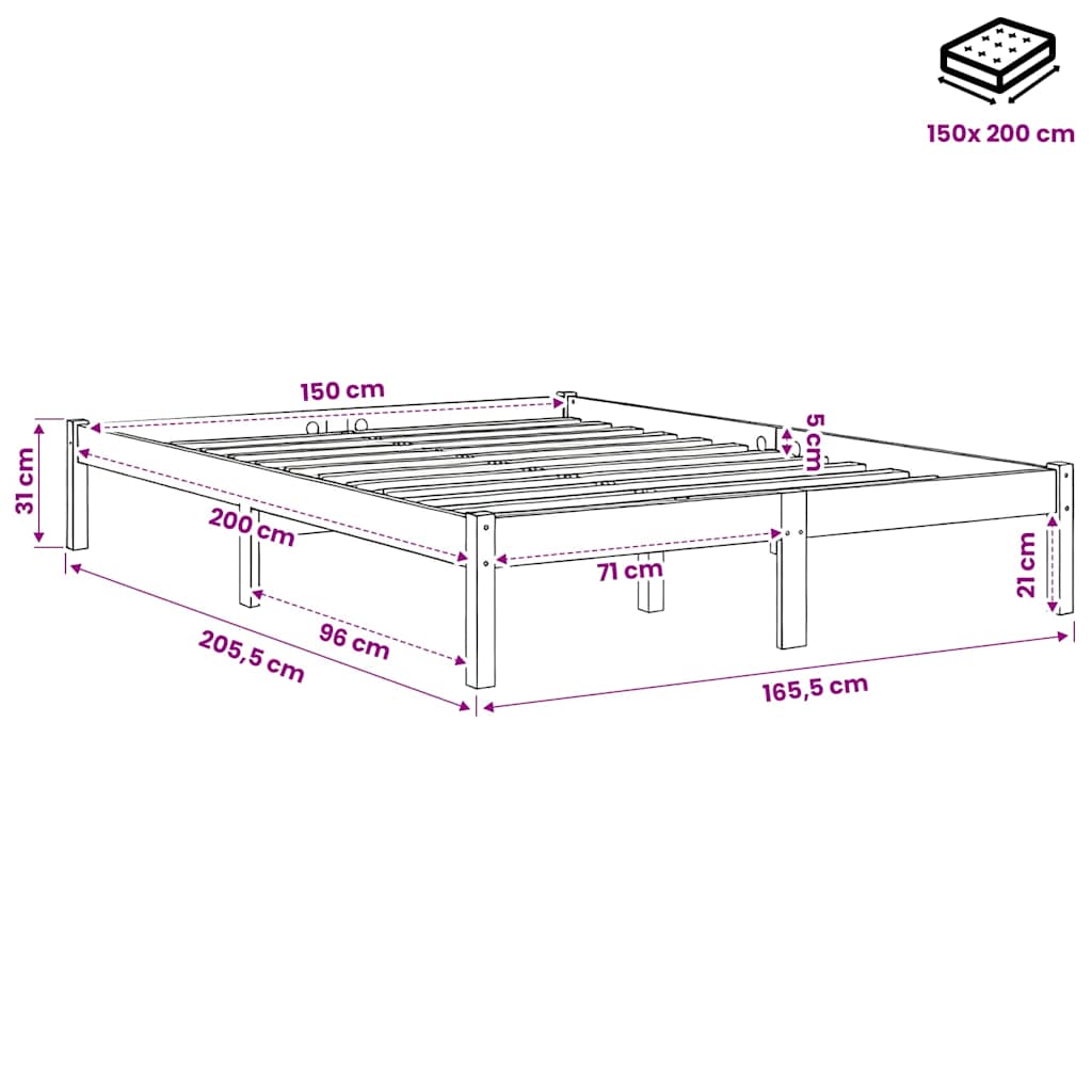 vidaXL Bed Frame without Mattress Solid Wood King Size - Brown - 205.5 x 155.5 x 31 cm