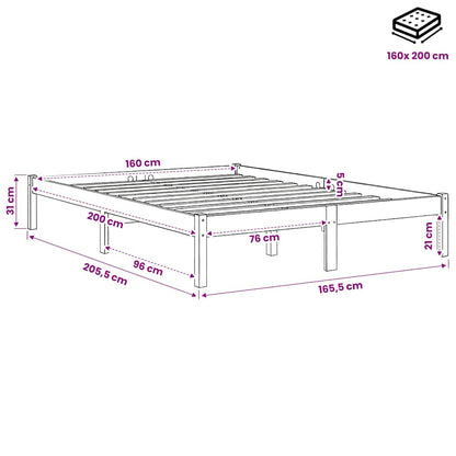 vidaXL Bed Frame without Mattress Solid Wood 160x200 cm - Brown - 205.5 x 165.5 x 31 cm