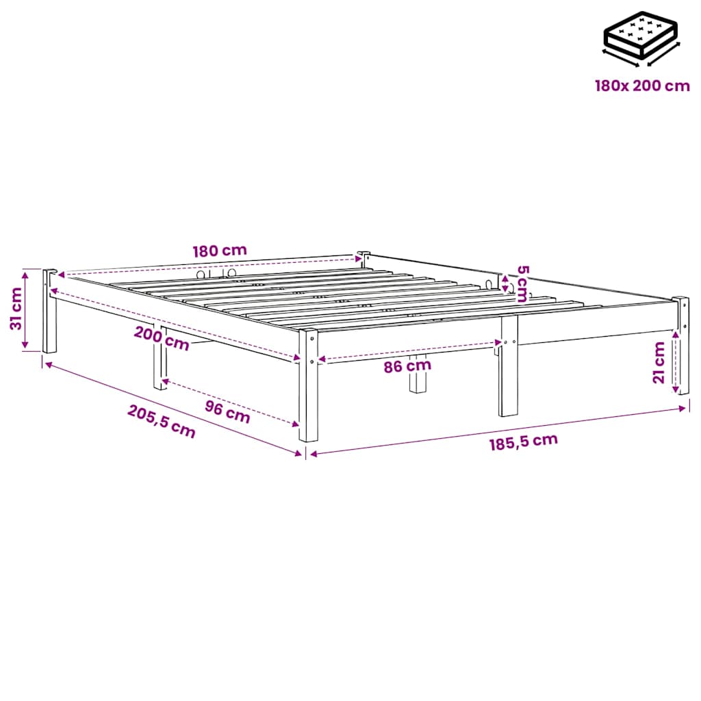 vidaXL Bed Frame without Mattress Solid Wood Super King Size - Brown - 205.5 x 185.5 x 31 cm