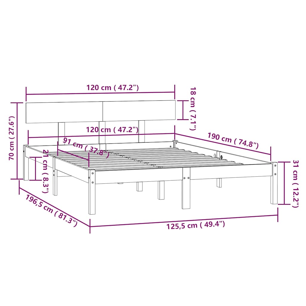 vidaXL Bed Frame without Mattress Solid Wood Small Double - Brown - 196.5 x 125.5 x 70 cm
