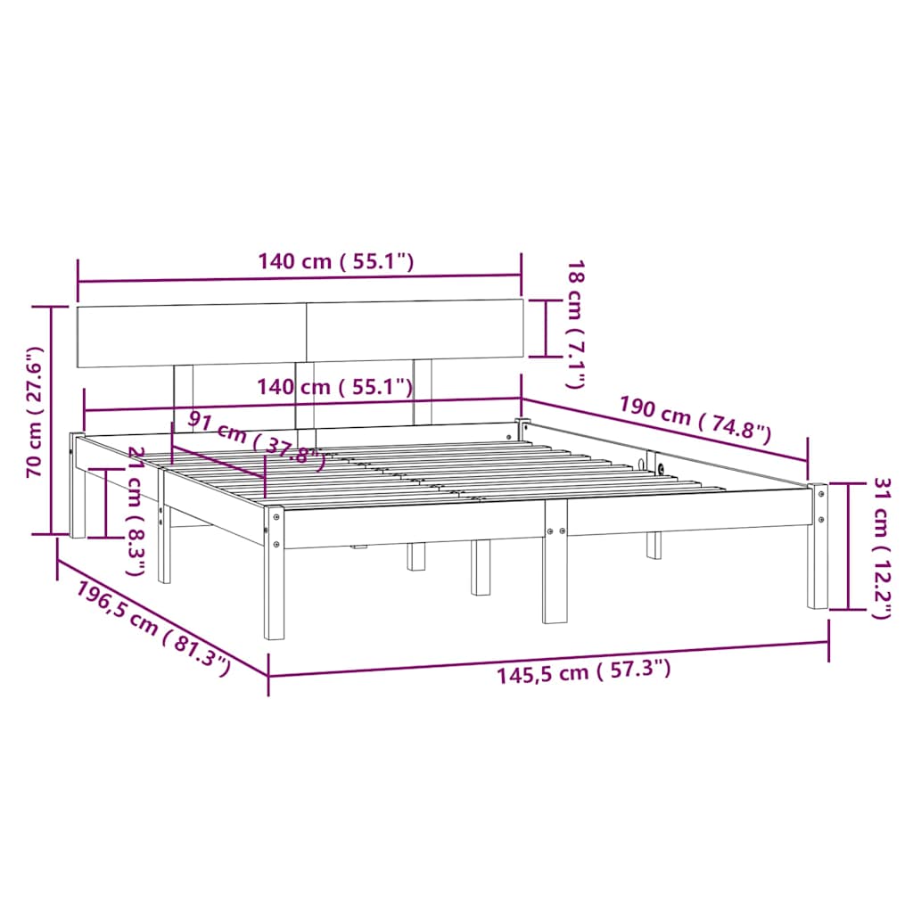 vidaXL Bed Frame without Mattress Solid Wood 140x190 cm - Brown - 196.5 x 145.5 x 70 cm
