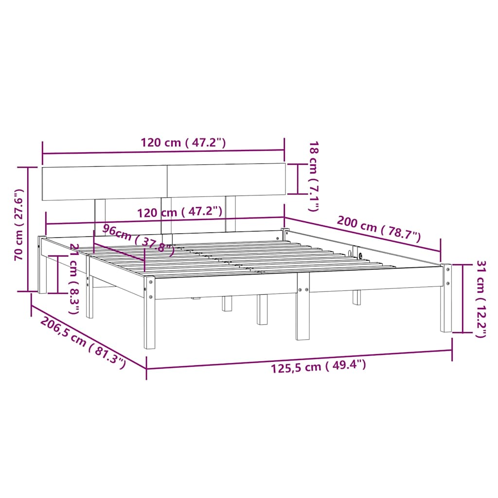 vidaXL Bed Frame without Mattress Solid Wood 120x200 cm - Brown - 206.5 x 125.5 x 70 cm