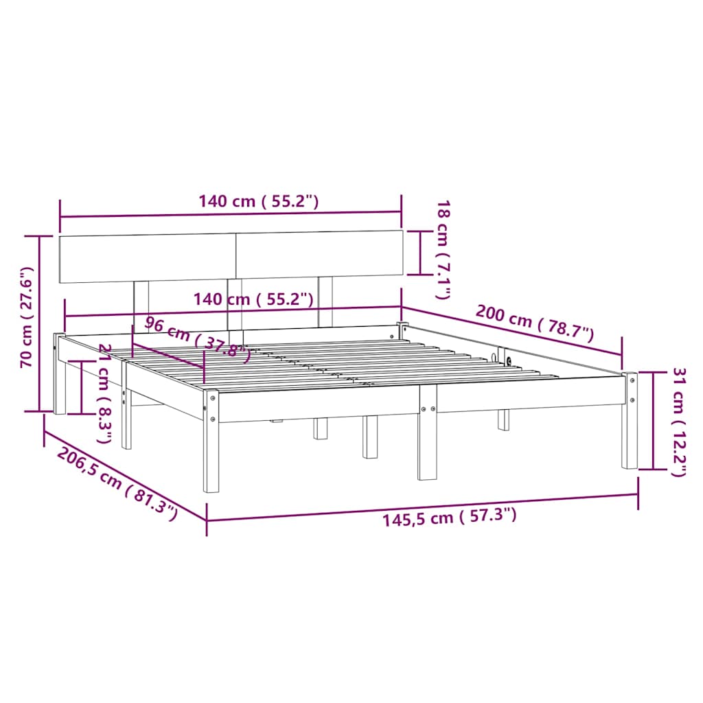 vidaXL Bed Frame without Mattress Solid Wood 140x200 cm - Brown - 206.5 x 145.5 x 70 cm