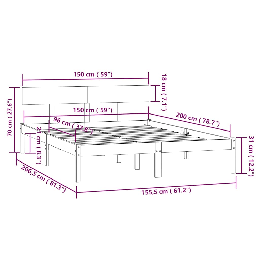 vidaXL Bed Frame without Mattress Solid Wood Pine King Size - Brown - 206.5 x 155.5 x 70 cm