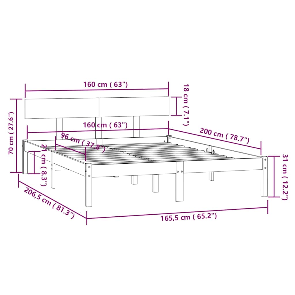 vidaXL Bed Frame without Mattress Solid Wood 160x200 cm - Brown - 206.5 x 165.5 x 70 cm