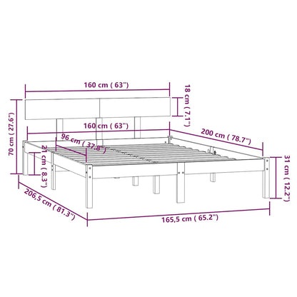 vidaXL Bed Frame without Mattress Solid Wood 160x200 cm - Brown - 206.5 x 165.5 x 70 cm