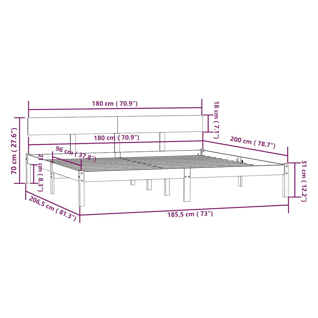 vidaXL Bed Frame without Mattress Solid Wood Super King - Brown - 206.5 x 185.5 x 70 cm