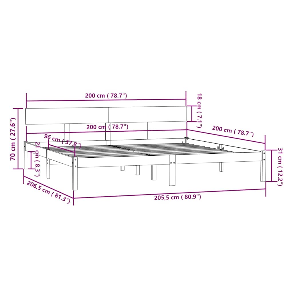 vidaXL Bed Frame without Mattress Solid Wood 200x200 cm - Brown - 206.5 x 205.5 x 70 cm