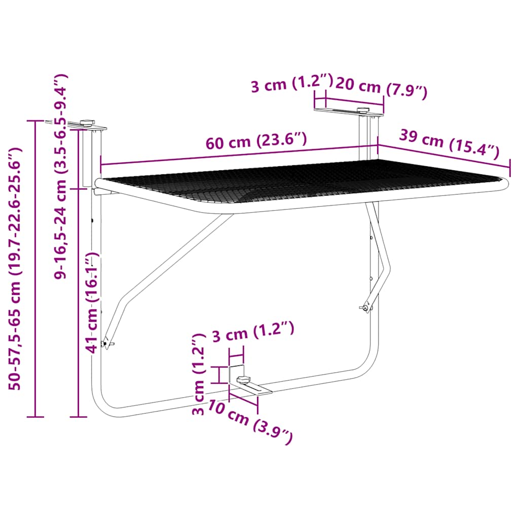 340916 vidaXL Balcony Table White 60x40 cm Steel - 60 x 40 x 65 cm