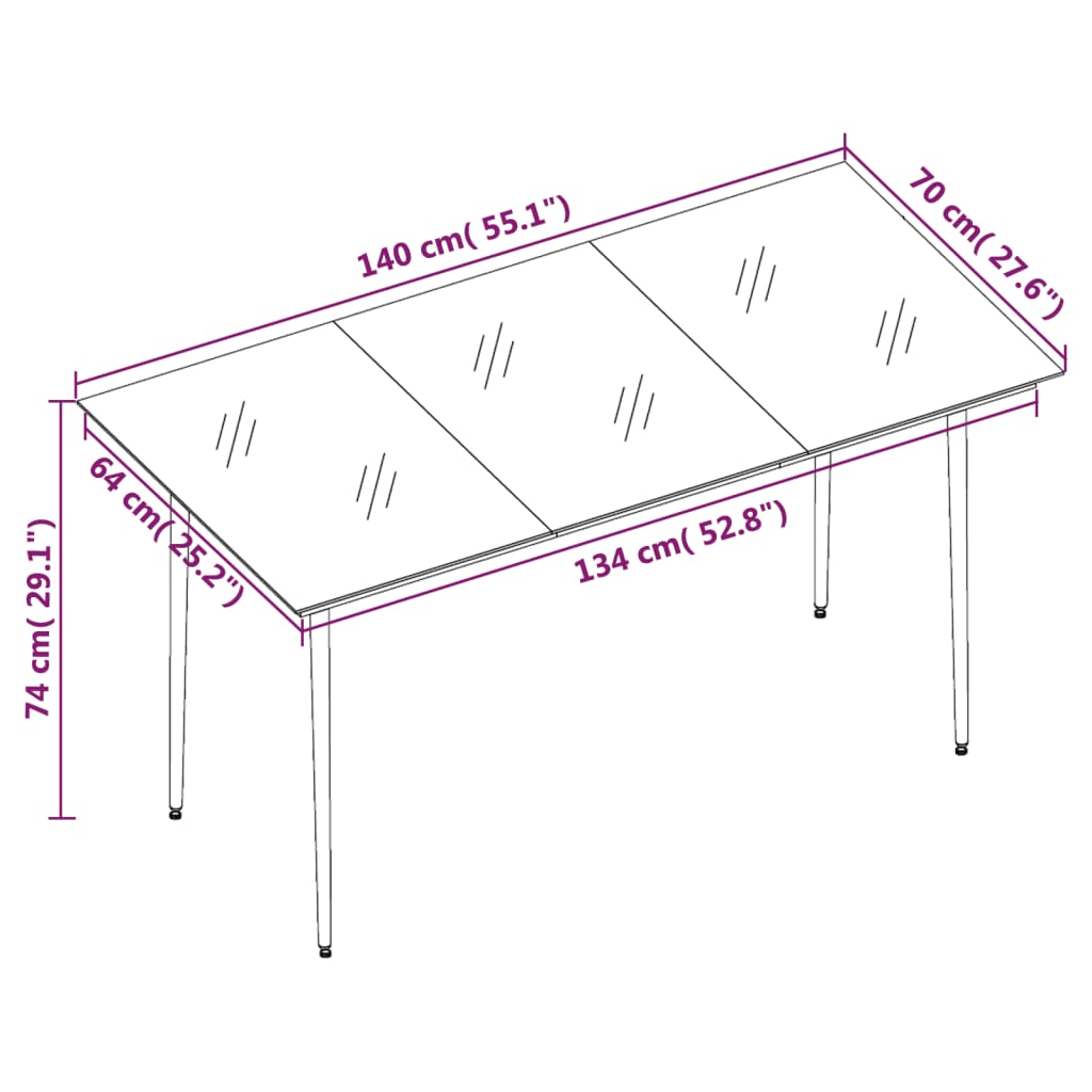 vidaXL Garden Dining Table Black 140x70x74 cm Steel and Glass - 24383