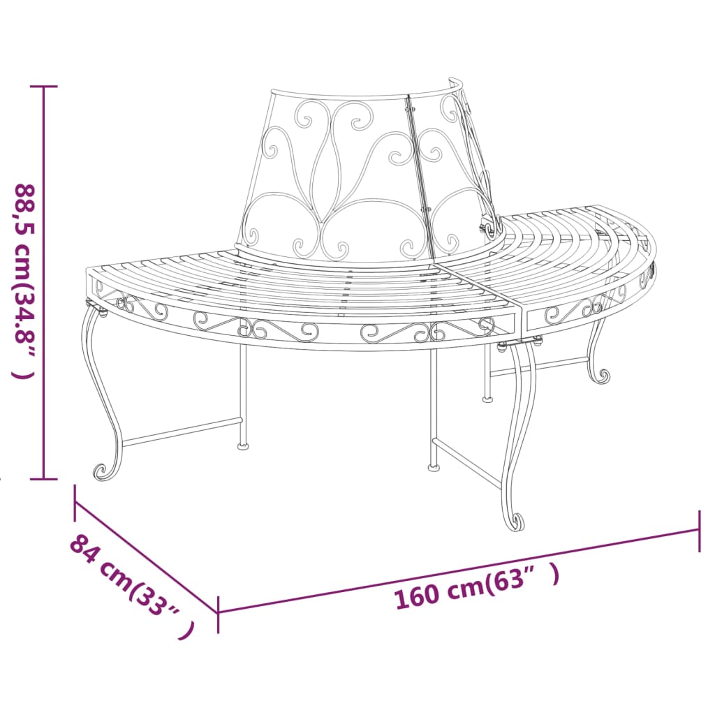 vidaXL Half Round Tree Bench Ø160 cm Black Steel