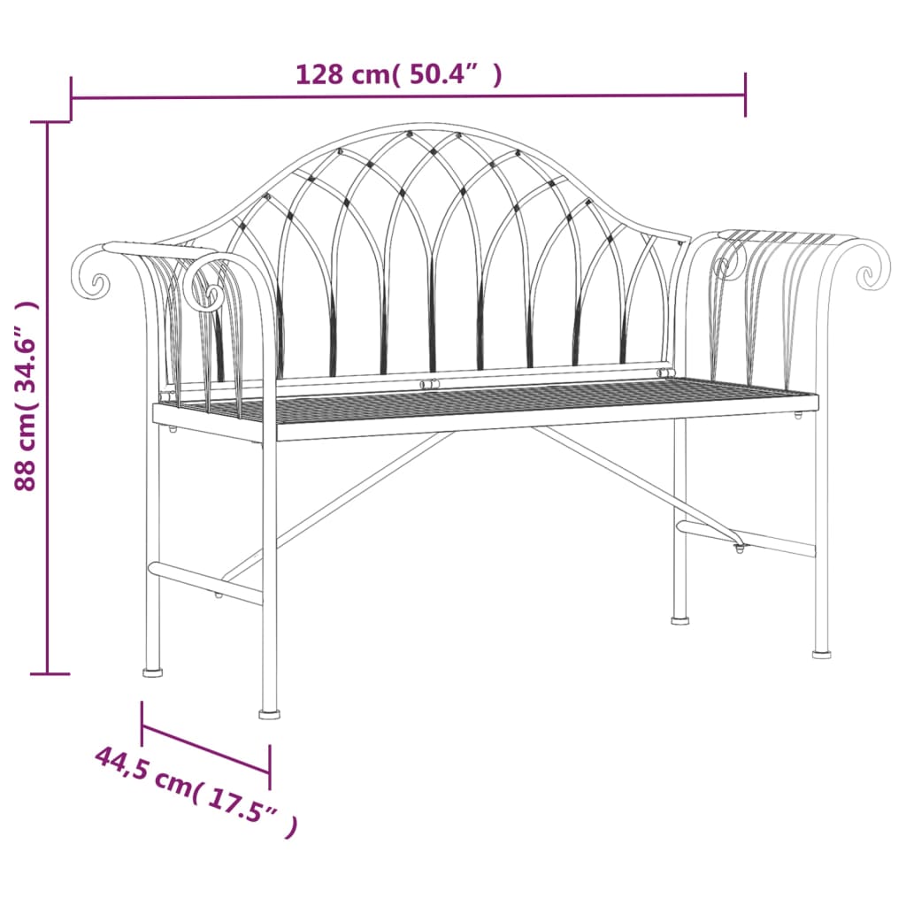 vidaXL 2-Seater Garden Bench 128 cm Black Steel