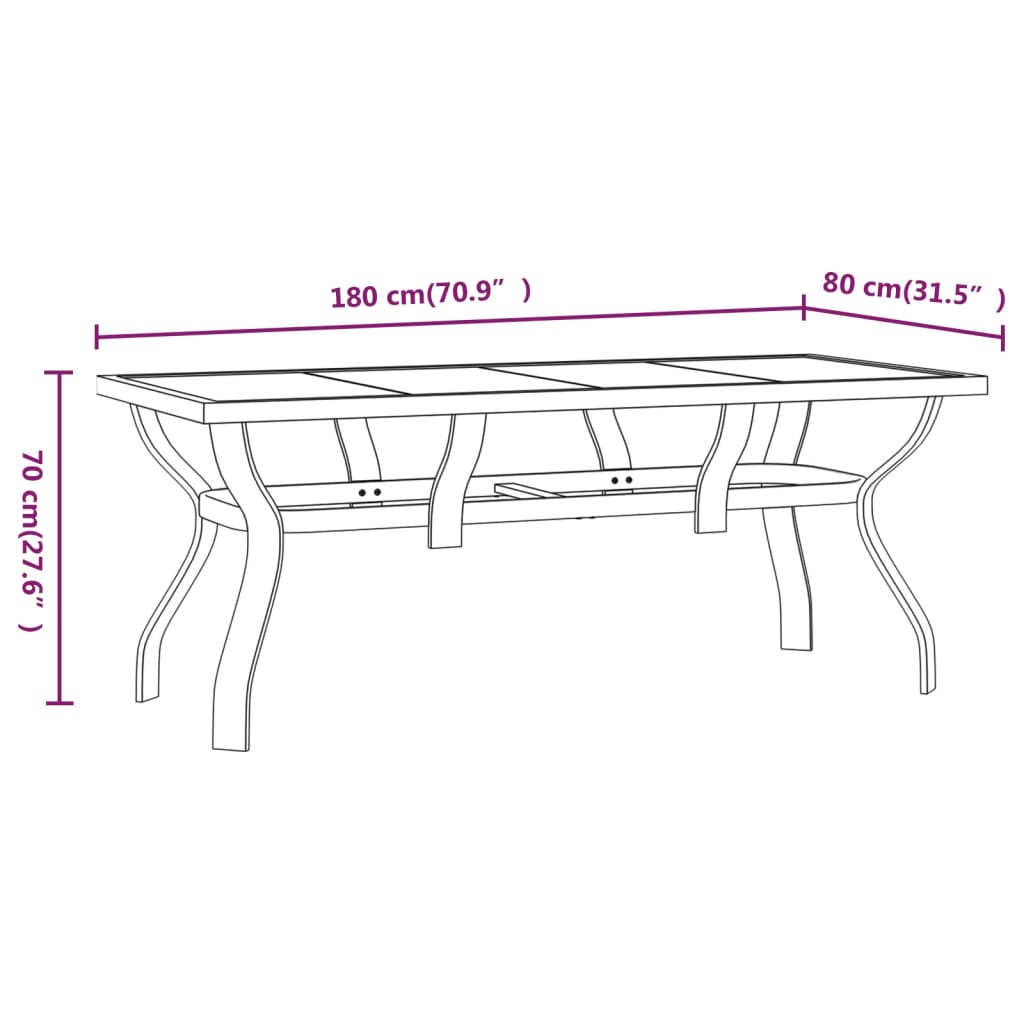 vidaXL Garden Table Brown and Black 180x80x70 cm Steel and Glass