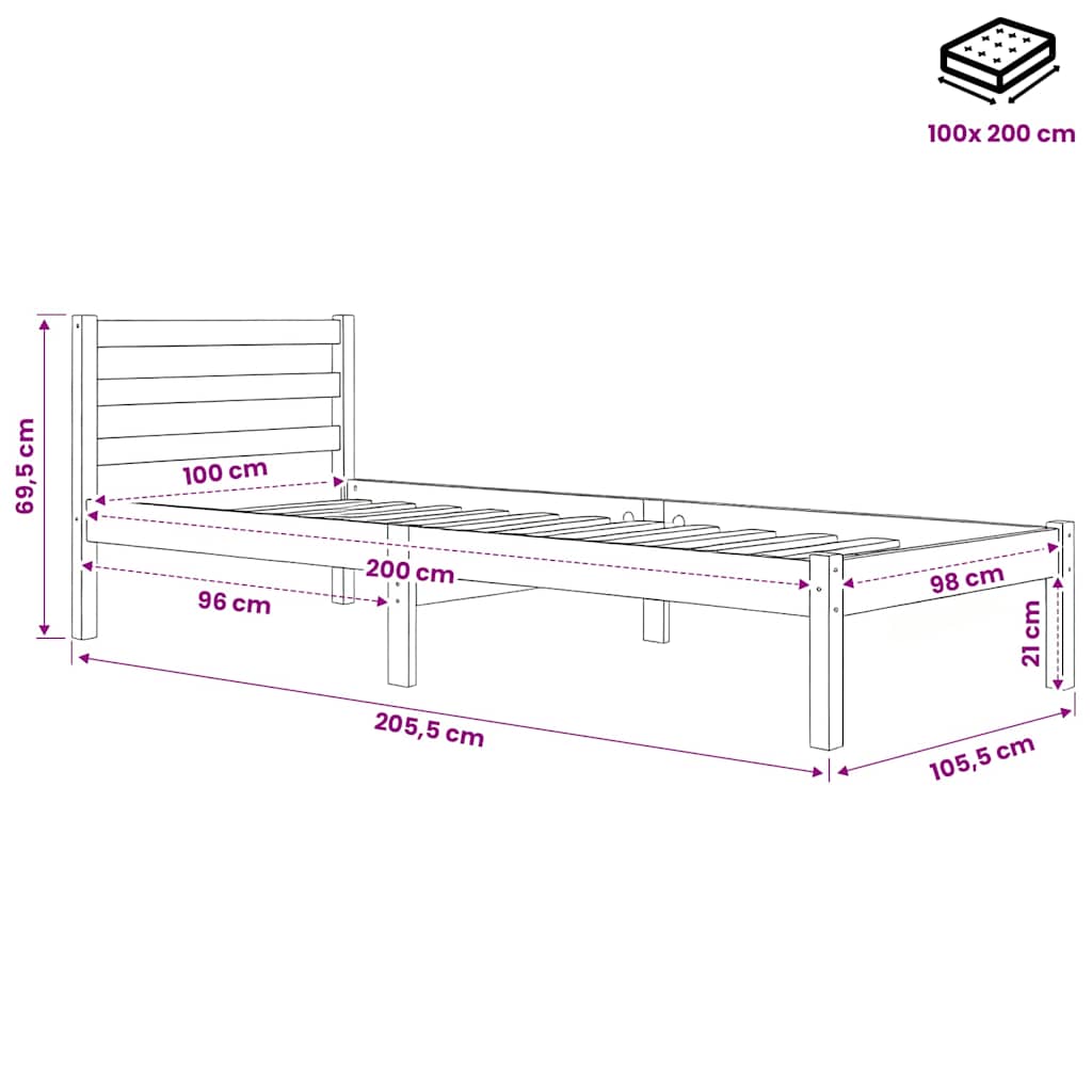 vidaXL Bed Frame without Mattress Solid Wood Pine 100x200cm - Brown - 205.5 x 105.5 x 69.5 cm