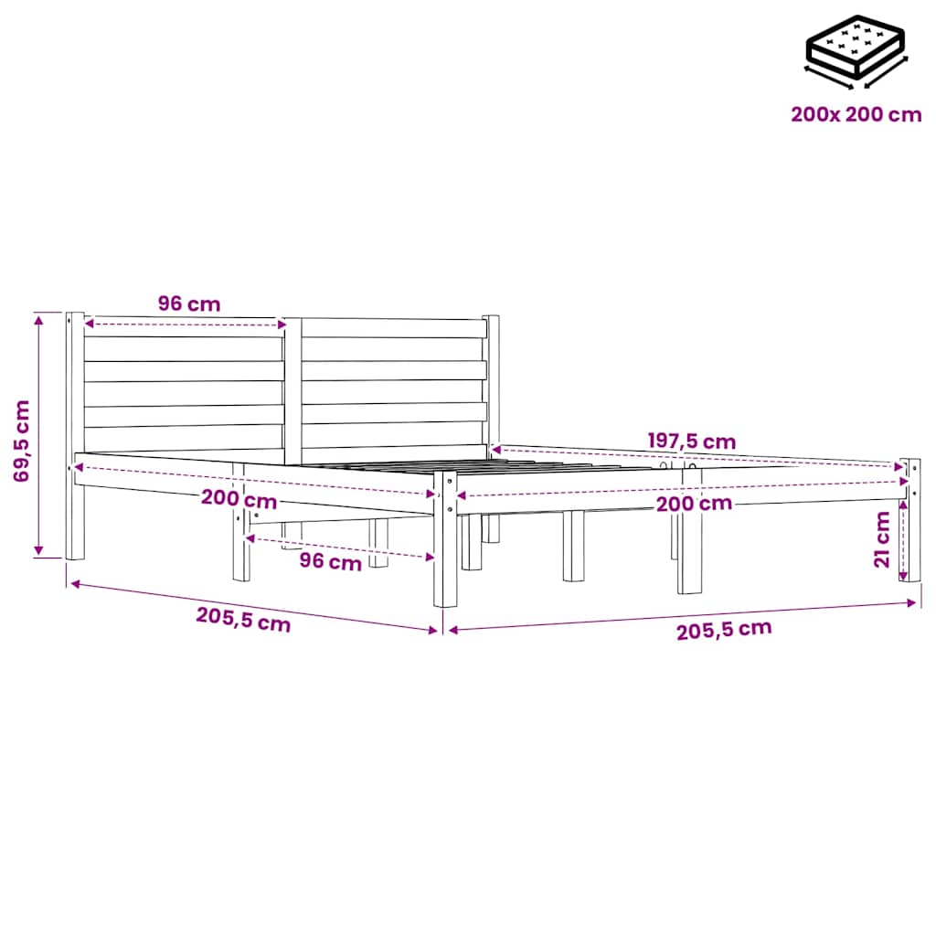 vidaXL Bed Frame without Mattress Solid Wood Pine 200x200cm Grey - 205.5 x 205.5 x 69.5 cm