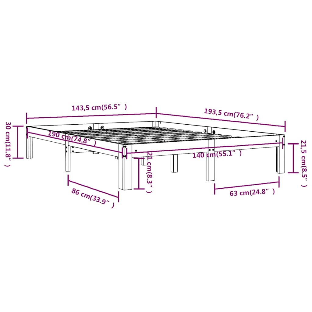 vidaXL Bed Frame without Mattress Solid Wood Pine 140x190cm - Brown - 193.5 x 143.5 x 30 cm