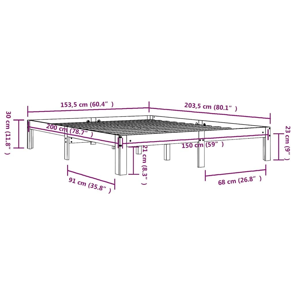 vidaXL Bed Frame without Mattress Solid Wood 150x200cm King Size - Brown - 203.5 x 153.5 x 30 cm