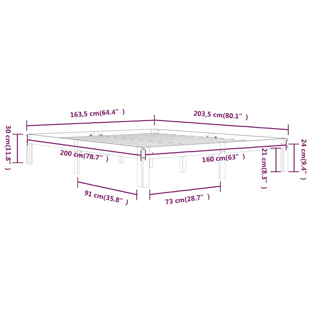 vidaXL Bed Frame without Mattress Solid Wood Pine 160x200cm - Brown - 203.5 x 163.5 x 30 cm