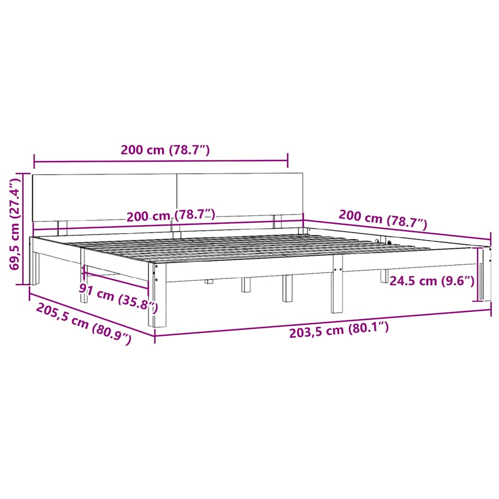 vidaXL Bed Frame without Mattress Solid Wood Pine 200x200cm - Brown - 205.5 x 203.5 x 69.5 cm