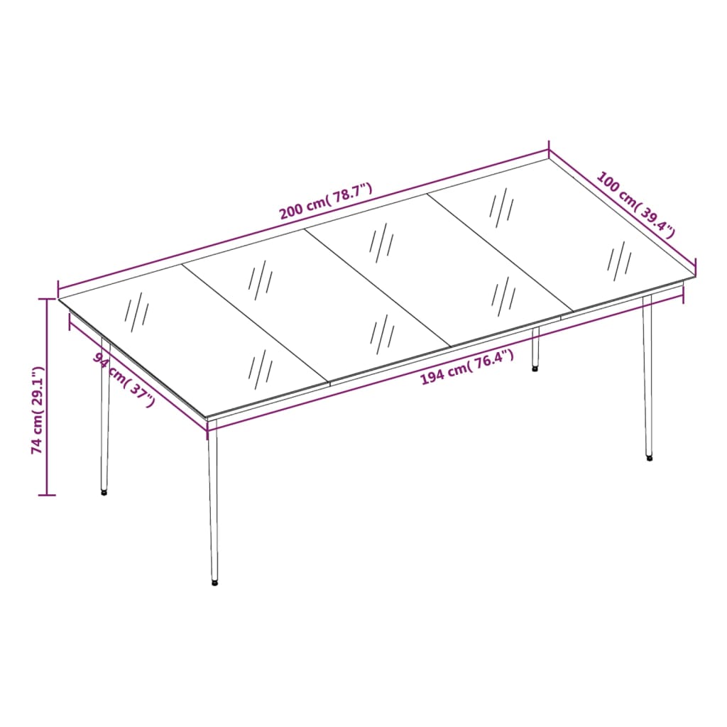 vidaXL Garden Dining Table Black 200x100x74 cm Steel and Glass - 23130