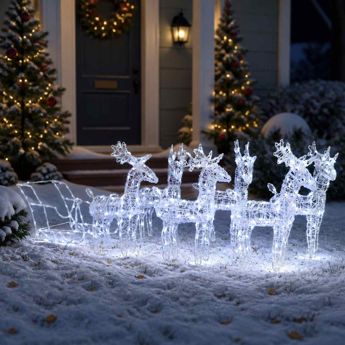 vidaXL Reindeers & Sleigh Christmas Decoration 320 LEDs Acrylic - Cool White - 52 x 28 x 34 cm