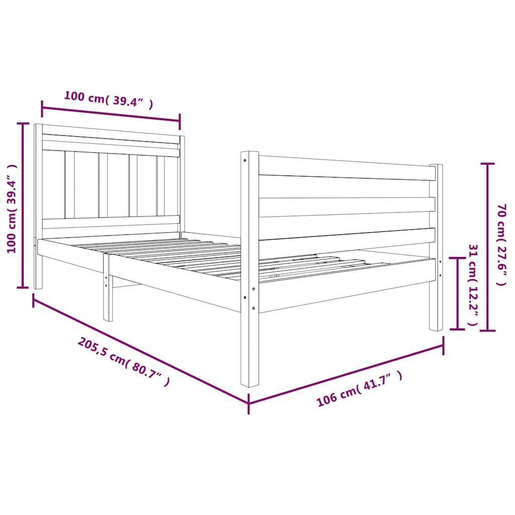 vidaXL Bed Frame without Mattress Solid Wood 100x200 cm - Brown - 205.5 x 106 x 100 cm