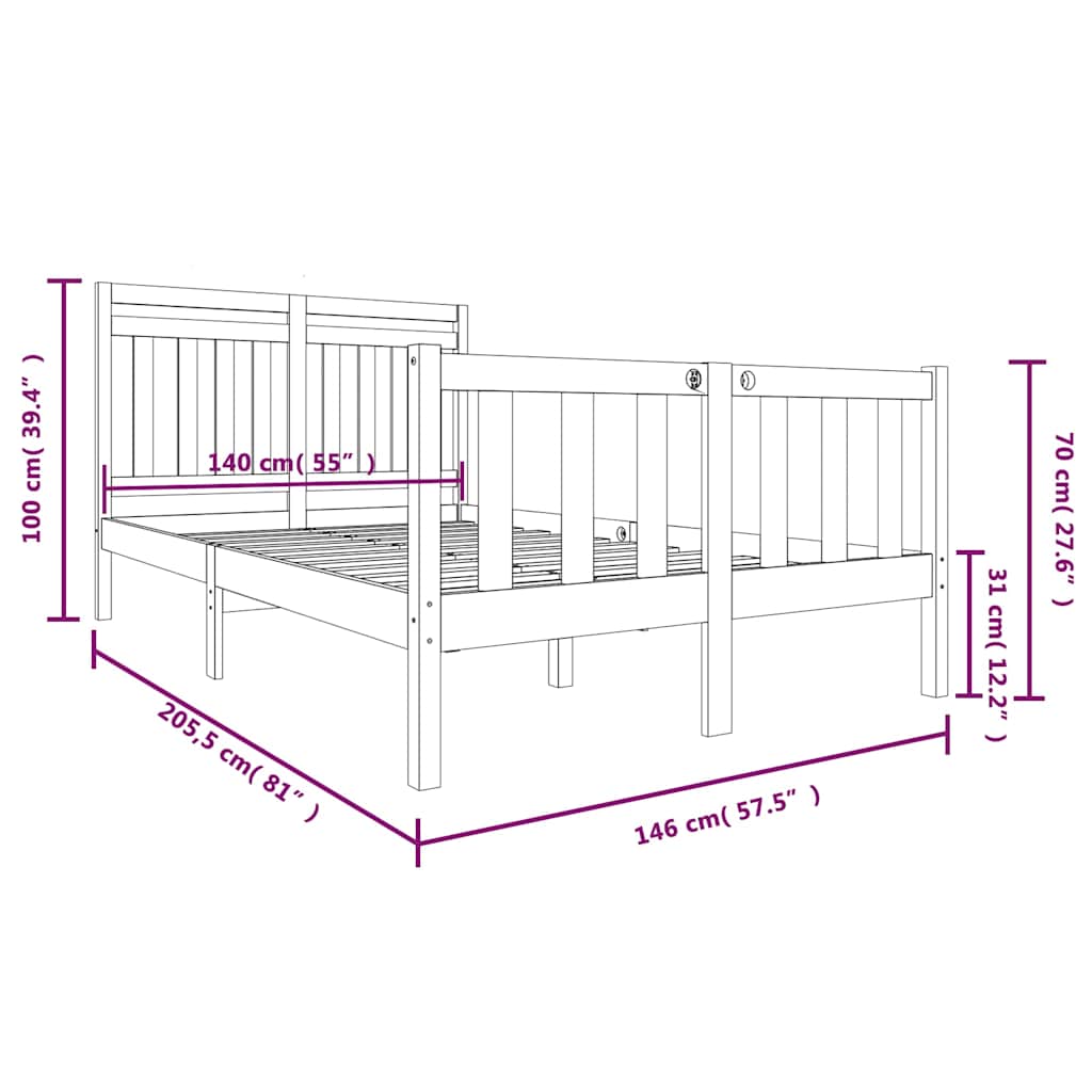 vidaXL Bed Frame without Mattress Solid Wood 140x200 cm - Brown - 205.5 x 146 x 100 cm - 64658