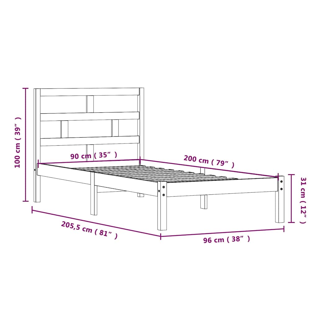 vidaXL Bed Frame without Mattress Solid Wood 90x200 cm - Brown - 205.5 x 96 x 100 cm