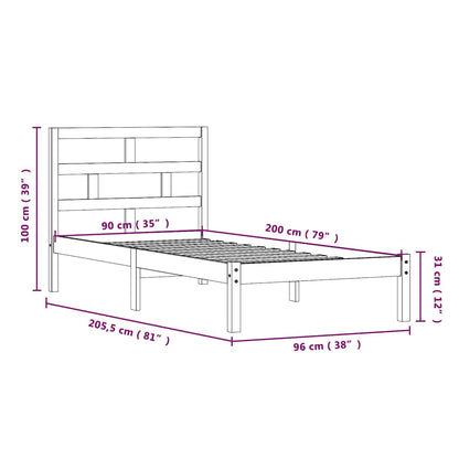 vidaXL Bed Frame without Mattress Solid Wood 90x200 cm - Brown - 205.5 x 96 x 100 cm