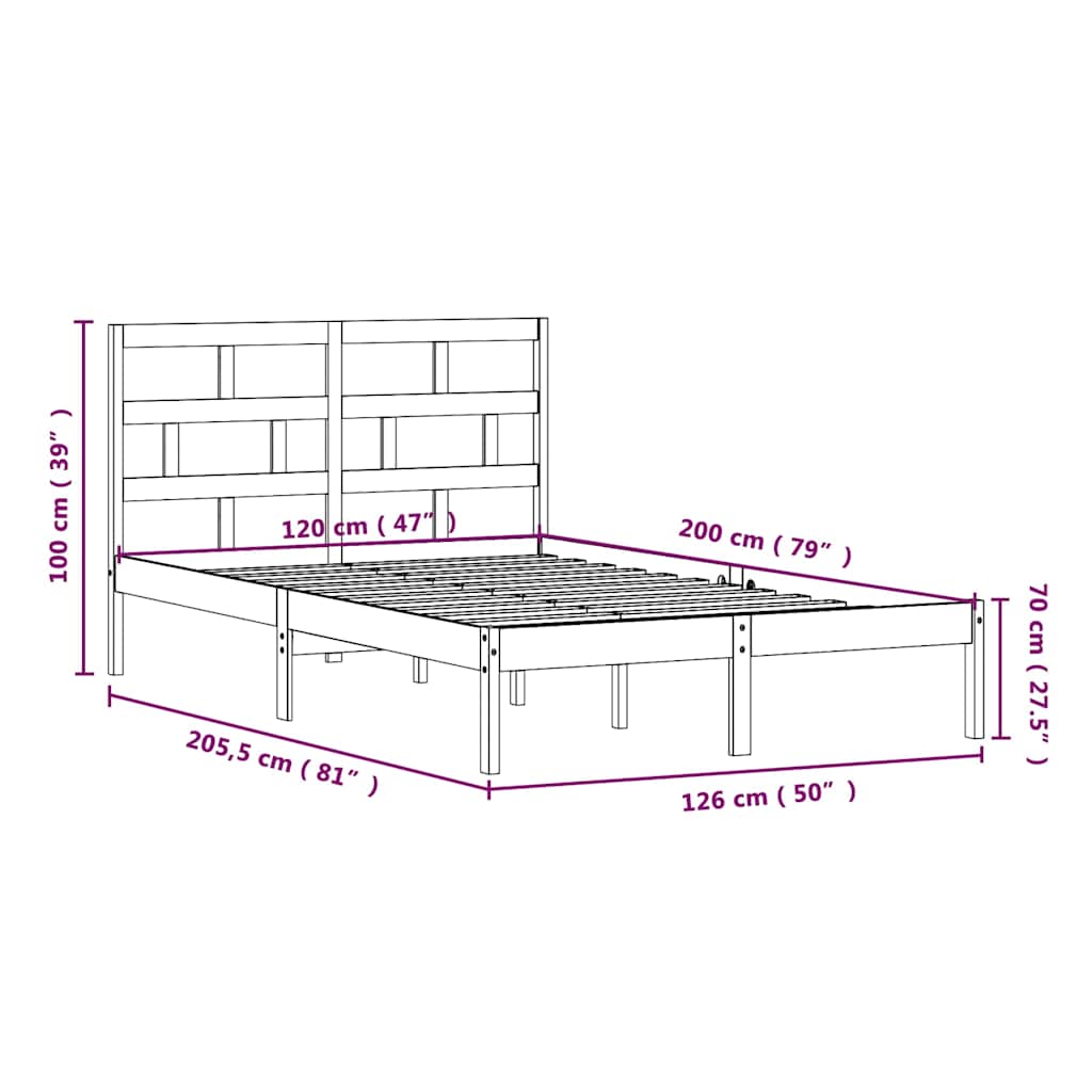 vidaXL Bed Frame without Mattress Solid Wood 120x200 cm - Brown - 205.5 x 126 x 100 cm