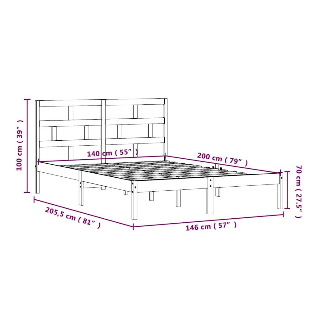 vidaXL Bed Frame without Mattress Solid Wood 140x200 cm - Brown - 205.5 x 146 x 100 cm - 64700