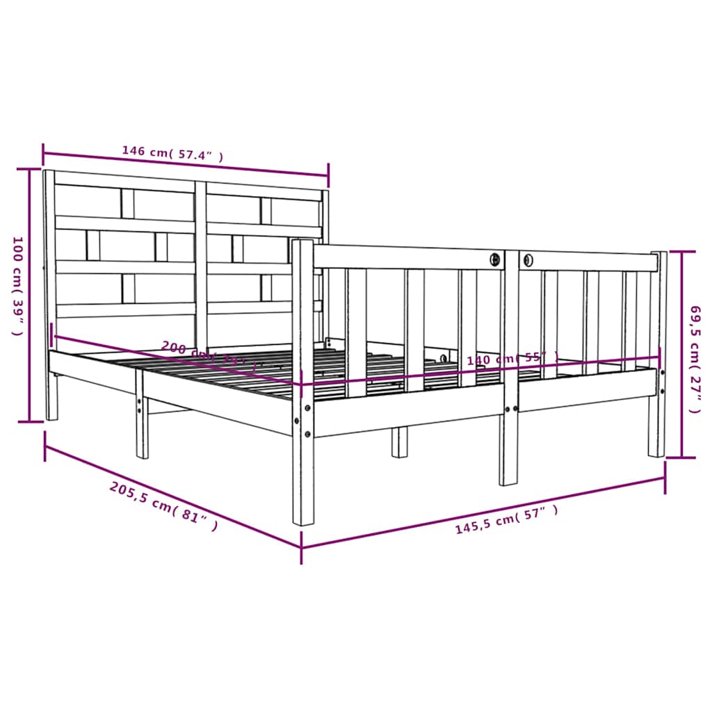 vidaXL Bed Frame without Mattress Solid Wood 140x200 cm - Brown - 205.5 x 145.5 x 69.5 cm