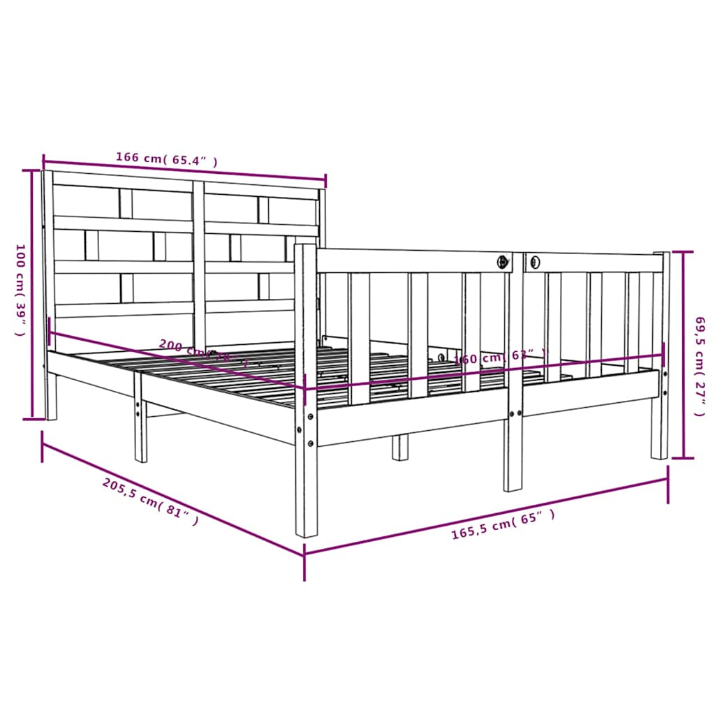 vidaXL Bed Frame without Mattress Solid Wood 160x200 cm - Brown - 205.5 x 165.5 x 69.5 cm