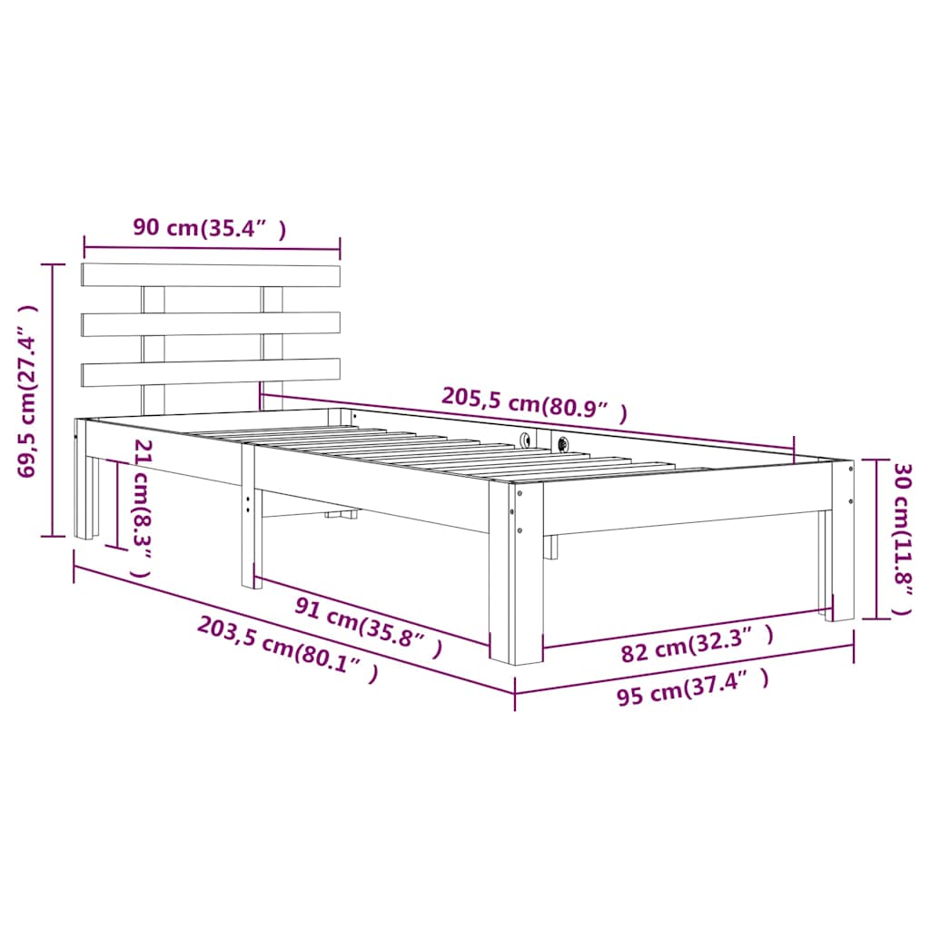 vidaXL Bed Frame without Mattress Solid Wood 90x200 cm - Brown - 205.5 x 95 x 69.5 cm