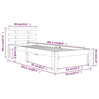 vidaXL Bed Frame without Mattress Solid Wood 90x200 cm - Brown - 205.5 x 95 x 69.5 cm