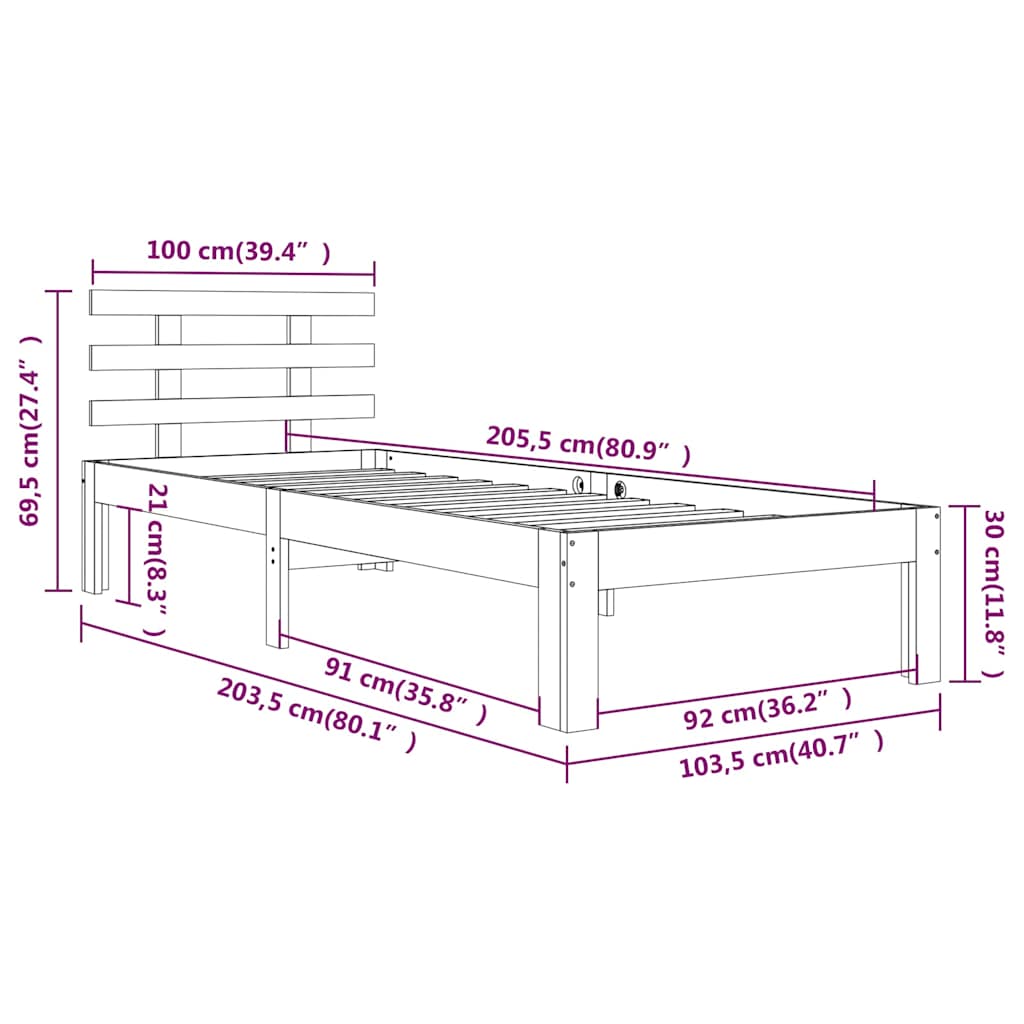 vidaXL Bed Frame without Mattress Solid Wood 100x200 cm - Brown - 205.5 x 103.5 x 69.5 cm