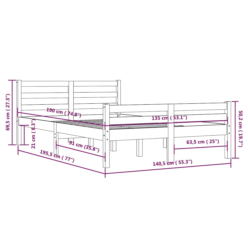 vidaXL Bed Frame without Mattress Solid Wood 135x190 cm Double - Brown - 195.5 x 140.5 x 69.5 cm