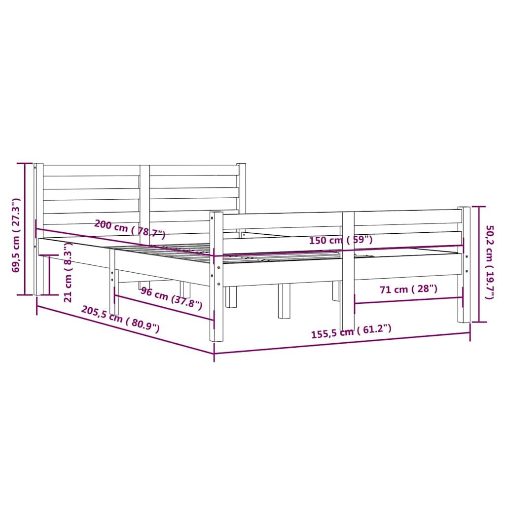 vidaXL Bed Frame without Mattress Solid Wood 150x200 cm King Size - Brown - 205.5 x 155.5 x 69.5 cm