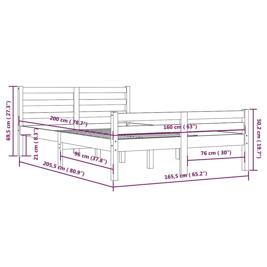 vidaXL Bed Frame without Mattress Solid Wood 160x200 cm - Brown - 205.5 x 165.5 x 69.5 cm - 65023