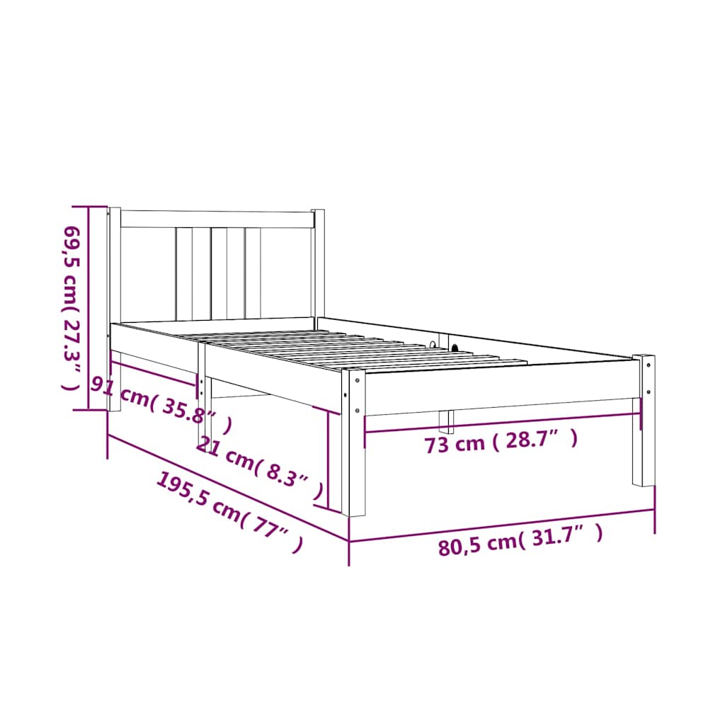 vidaXL Bed Frame without Mattress Solid Wood 75x190 cm Small Single - Brown - 195.5 x 80.5 x 69.5 cm