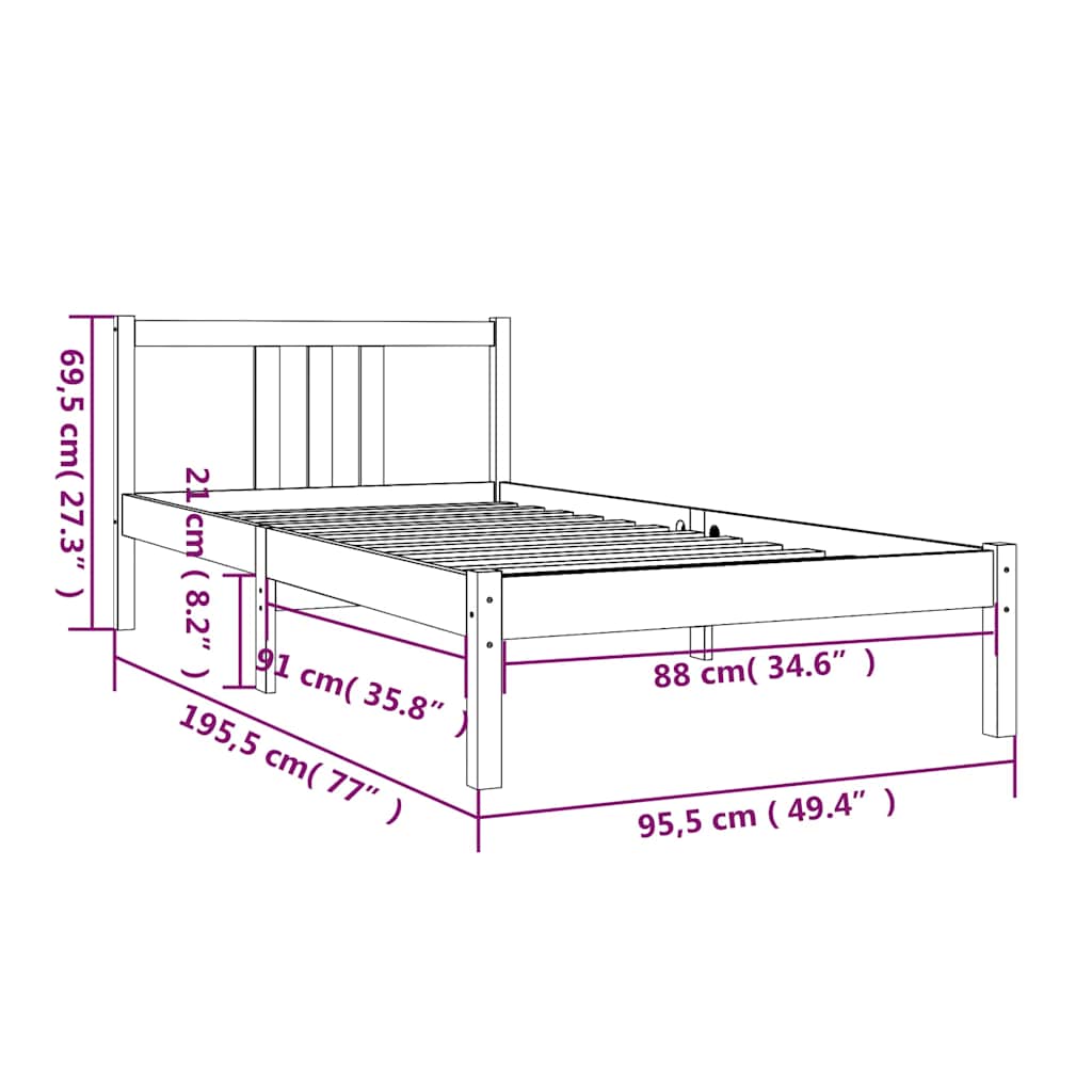 vidaXL Bed Frame without Mattress Solid Wood 90x190 cm Single - Brown - 195.5 x 95.5 x 69.5 cm