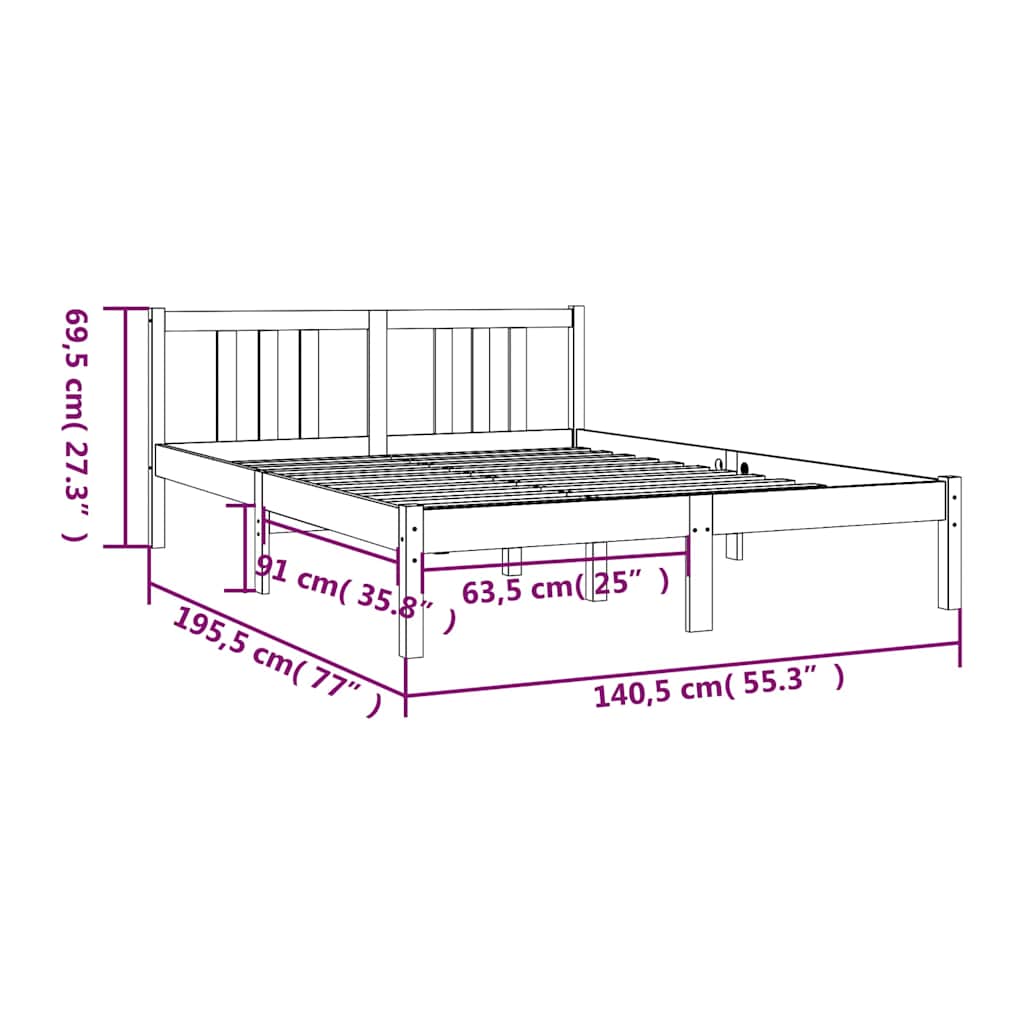 vidaXL Bed Frame without Mattress Solid Wood 135x190 cm Double - Brown - 195.5 x 140.5 x 69.5 cm - 65050